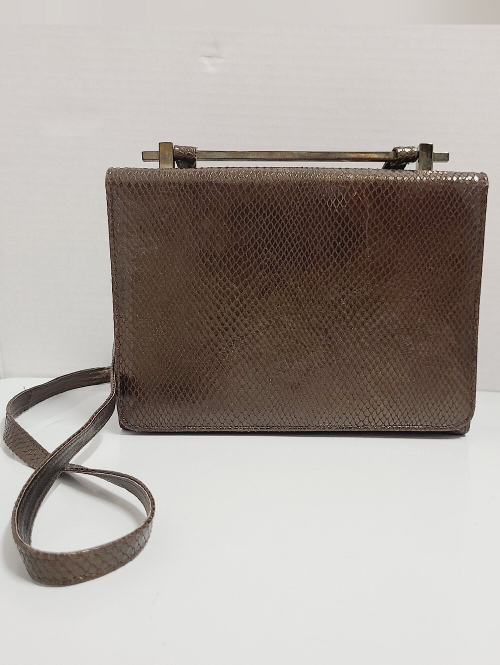 Stuart Weitzman Vintage Brown Snakeskin Embossed Leather Crossbosy Bag - Picture 2 of 16